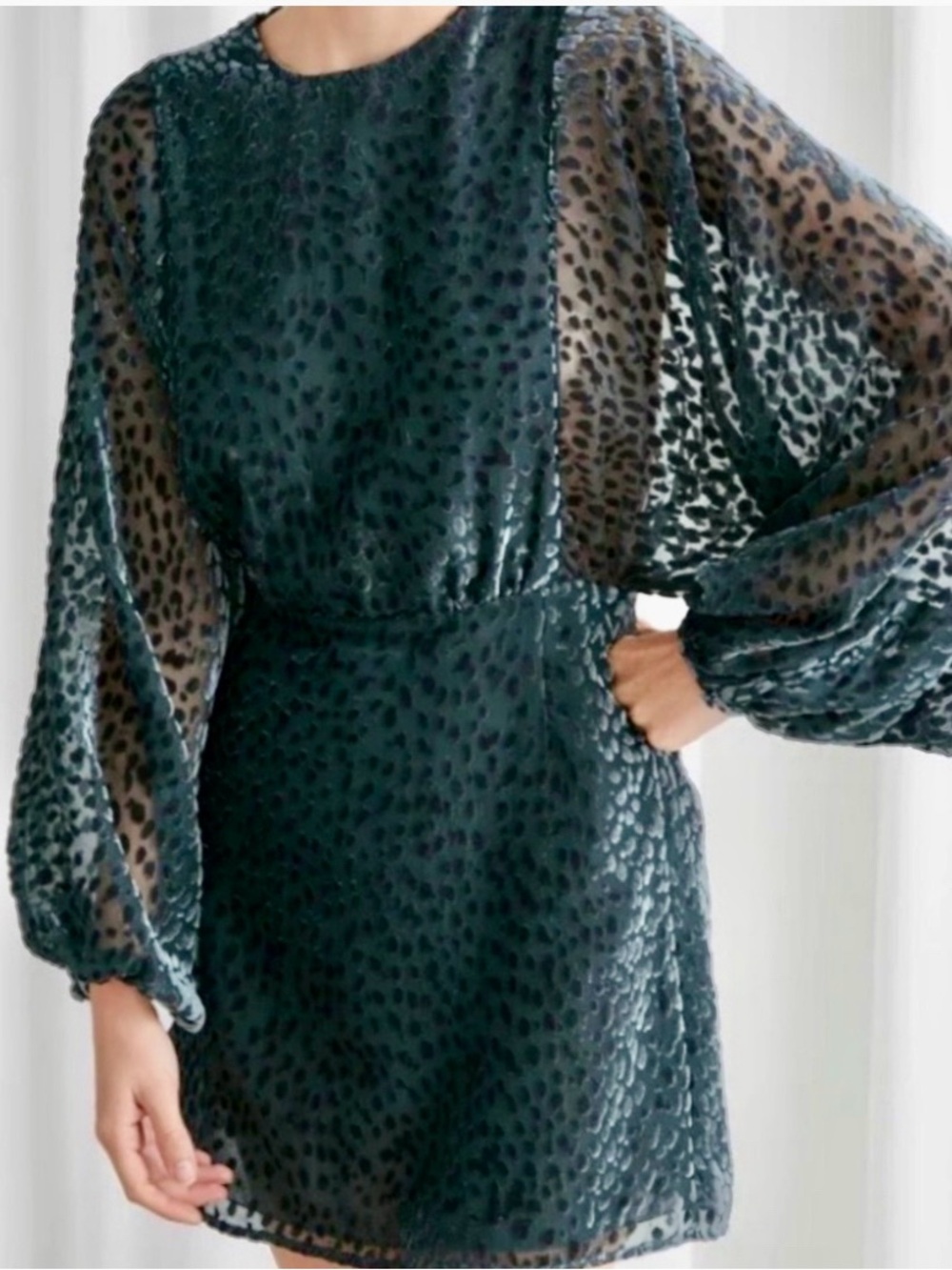 & Other Stories Green Burnout Velvet Balloon Sleeve Mini Dress US 6